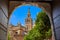 Seville cathedral Giralda tower from Alcazar