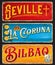 Seville, La Coruna, Bilbao, Spanish travel plates