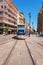 Seville, Spain - May 20, 2019:  A modern comfortable tram on the city street. Seville. Andalusia Spain.