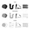 Sewage hatch, tool, radiator.Plumbing set collection icons in black,monochrome,outline style vector symbol stock