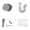 Sewage hatch, tool, radiator.Plumbing set collection icons in monochrome style vector symbol stock illustration web.