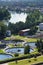 Sewage water treatment plant with storage tanks, aerial view