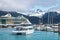 Seward Alaska USA Tour boat backing out of mooring space on docks with Alaskan Cruise ship and misty mountains with