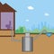 A Sewer pipe and filtration system as an eco concept, a vector stock illustration with a village house, toilet and piping for a