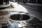 sewer water overflowing from manhole, spilling onto the pavement