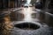 sewer water overflowing on the street during heavy rainstorm