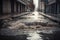 sewer water overflowing on the street during heavy rainstorm