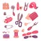 Sewing Accessories and Fittings with Measuring Tape and Scissors Vector Set