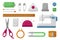 Sewing accessories flat icons set. Threads, machine, scissors, pins, tape measure.