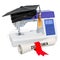 Sewing courses concept, sewing machine with graduation cap and d