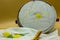 Sewing kit, needle, thread. On the frame is visible the canvas on which a lemon is being embroidered, at the end it will be like