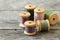 Sewing kit. Spools of colored thread   on old wooden table