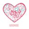 Sewing love doodle illustration in shape of heart. Handicrafted logo with needle, sewing machine, sewing pin, yarn.