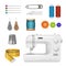 Sewing machine. Realistic tailor kit sewing professional production collection elements needles threads pins centimeter