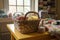 sewing room, with basket of fabric and tools on the table