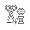 Sewing,scissors, thread, needle, button vector line icon, sign, illustration on background, editable strokes