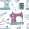 Sewing seamless pattern: sewing machine, scissors, thread