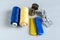 Sewing supplies and needlework accessories blue and yellow colors. Tailoring and craft concept