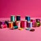 Sewing and tailoring supplies, with colorful thread spools and buttons