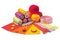 Sewing  thread, needle, bobbins, buttons, zipper  and  fabric samples red, yellow  color on isolated white  background