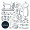 Sewing tools and tailor equipment set. Vector sketch illustration. Craft and handmade sew needlework design elements