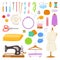 Sewing vector tailor tools sew needle thread scissors fabric spool design for tailoring hobby illustration fashion set