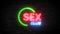 Sex Club, a malfunctioning neon sign with text and flickering light of different colors and a blur effect on a dark brick wall