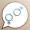 Sex symbol sign. Bright cerulean icon in white speech balloon at pale taupe background. Illustration