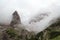 Sexten Dolomites mountain Hohe Leist in clouds in South Tyrol