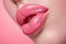 Sexual full lips. Natural gloss of lips and woman\\\'s skin. Increase in lips, cosmetology. Natural lips. . Macro of woman\\\'s face