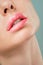 Sexual full lips. Natural gloss of lips and woman& x27;s skin. The mouth is open. Increase in lips, cosmetology.