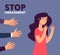 Sexual harassment concept. Woman and mans hands. Stop abuse, against violence vector background