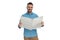 Sexy bearded guy in his forties holding newspaper and smiling