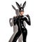 Sexy blonde beautiful woman posing in latex costume and black bunny mask on white background.