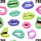 Sexy Female Lips with Acid Color Lipstick. Vector Fashion Illustration Woman Freak Mouth Seamless pattern.  Gestures Collection