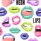 Sexy Female Lips with Acid Color Lipstick. Vector Fashion Illustration Woman Freak Mouth Seamless pattern.  Gestures Collection