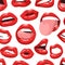 Sexy Female Lips with Red Lipstick. Vector Fashion Illustration Woman Freak Mouth Seamless pattern.  Gestures Collection