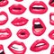 Sexy Female Lips with Red Lipstick. Vector Fashion Illustration Woman Freak Mouth Seamless pattern.  Gestures Collection