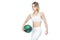 Sexy fitness girl with a soccer ball showing her perfect abdominals on white background