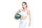 Sexy fitness girl with a soccer ball showing her perfect abdominals on white background