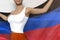 Sexy girl in bright skirt holds Donetsk Peoples Republic flag in hands behind her back on the white background - flag concept 3d