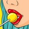 Sexy girl with lollipop. Comic woman lip lick candy. Hot flirt adult suck lollypop. Night club wallpaper. Sensual female