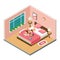 Sexy girl reading book, drinking wine in bedroom on bed isometric vector illustration