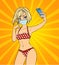 Sexy girl taking selfie. Woman wears medical mask and retro bikini