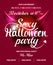 Sexy Halloween party pink club invitation, flyer with text on shine abstract background and devil horns