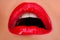 Sexy lip, Open female sensual mouth. Lips with red lipstick.