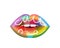 Sexy passionate rainbow lipstick woman lips Call Me lettering script design, acid pop art.