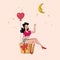 Sexy Pin-up woman sits on a gift box with holds an inflatable heart and points a finger to the moon. Vector in retro