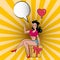 Sexy Pop art woman sits on a gift box with holds an inflatable heart and points a finger to the moon. Vector in retro