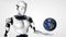 Sexy robot android woman holding planet earth.. Cyborg future technology, artificial intelligence, computer technology, humanoid